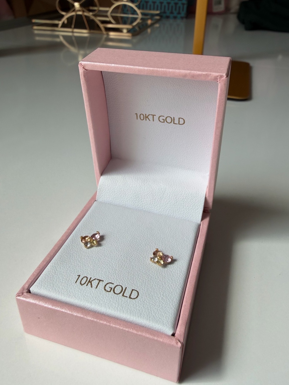 Fashion Jewelry 10K Gold Butterfly Stud Earrings with Pink and Yellow Stones NEW